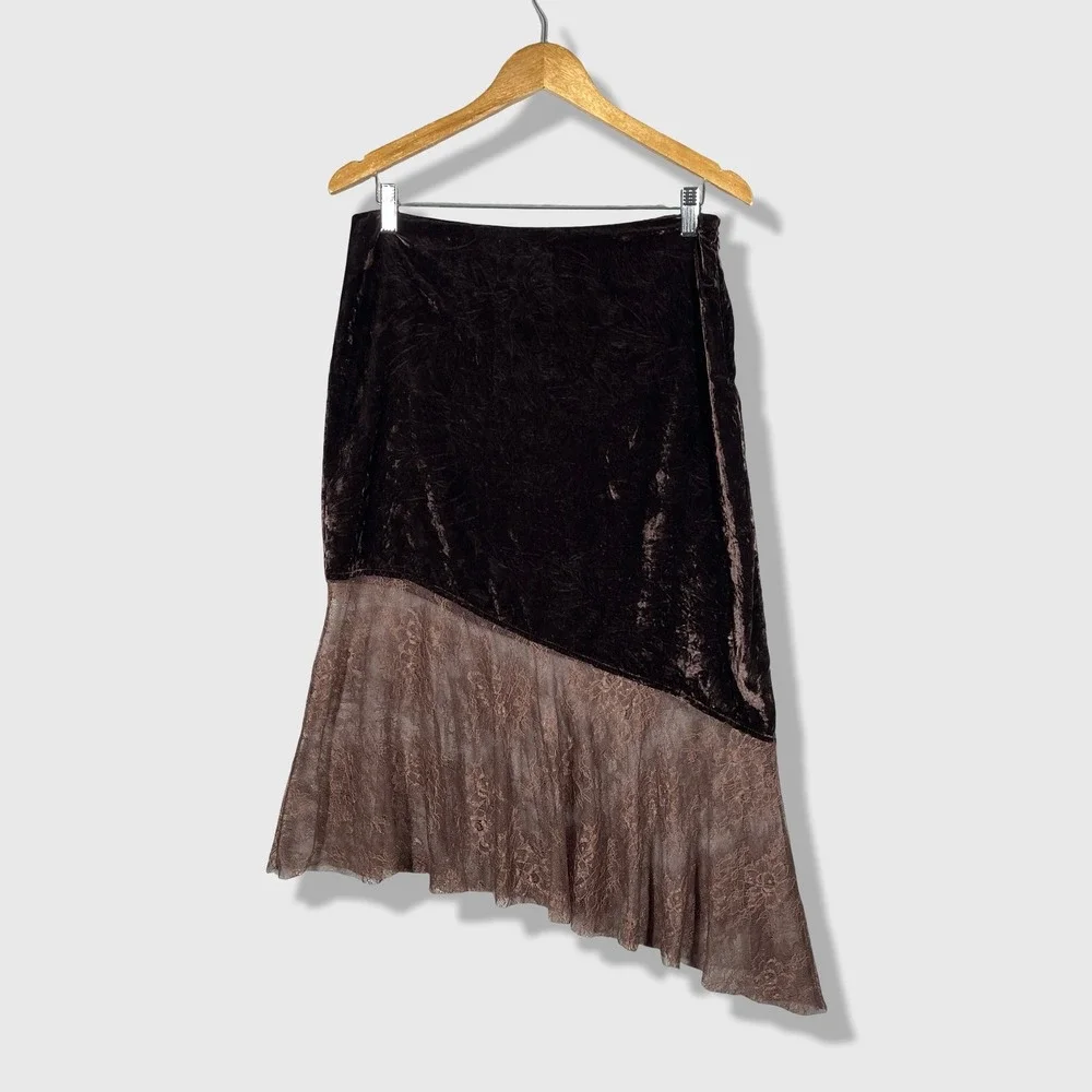 Free People Midi Skirt Womens 4 Brown Velvet Lace Asymmetric Whimsigoth Gothic